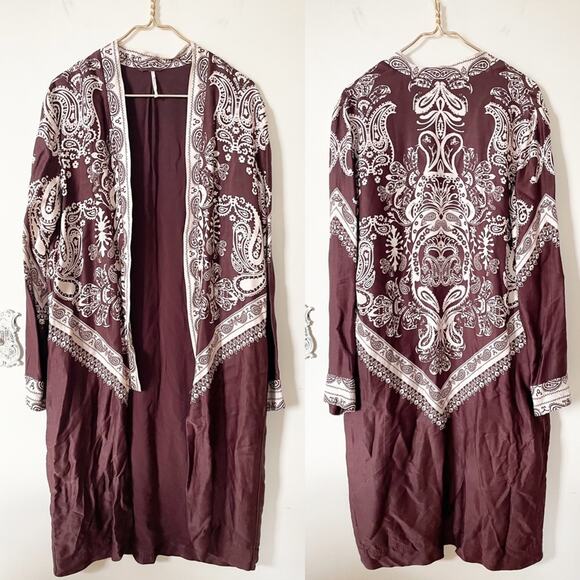 Free People Brown Satin Bandana Print Long Kimono Duster M - Picture 2 of 9